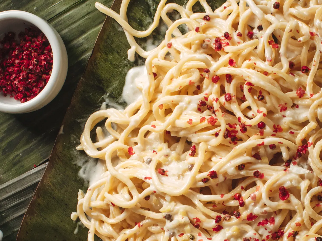Ginataan Pancit Canton Noodles with Miso and Pink Peppercorns