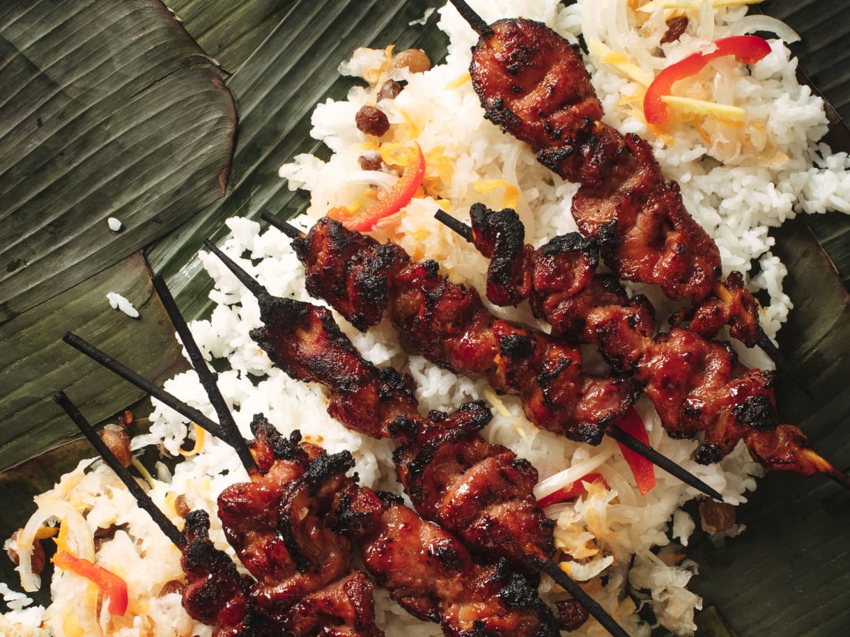 Peach-Banana Glazed Tocino Skewers with Daikon Atchara