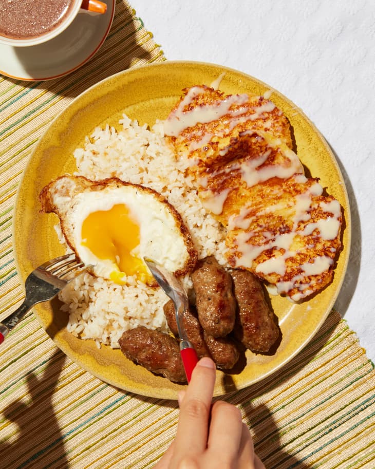 Silog Plate with Longanisa, Garlic Fried Rice, and Pandesal French Toast 