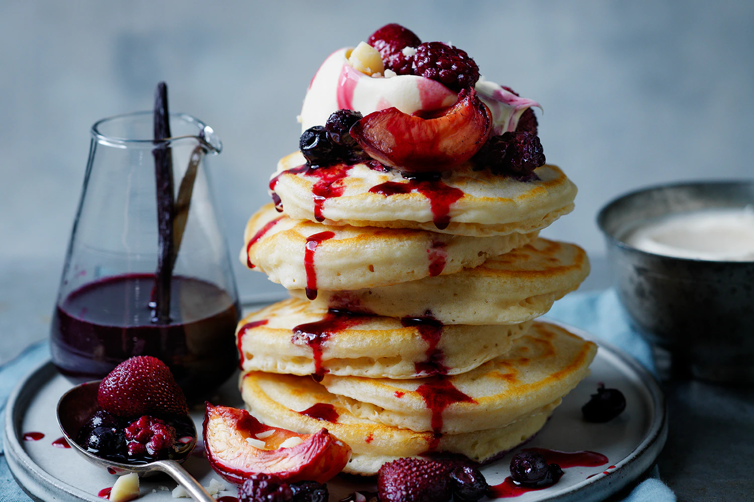 Pancakes with roasted vanilla bean berries