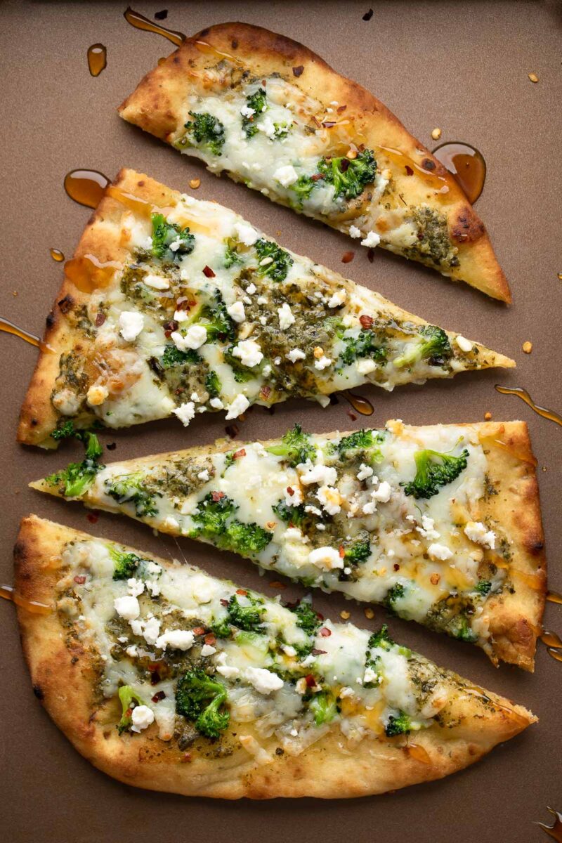 Cheesy Broccoli Pesto Flatbread Pizza