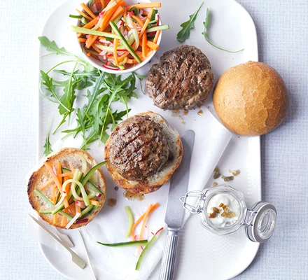 Wasabi-spiked burgers with pickle relish